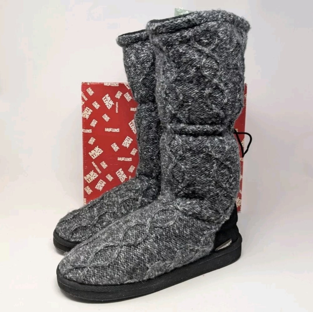 Muk Luks Gray Classic Knitted Sweater Tall Sock Boots With Soles Size 8